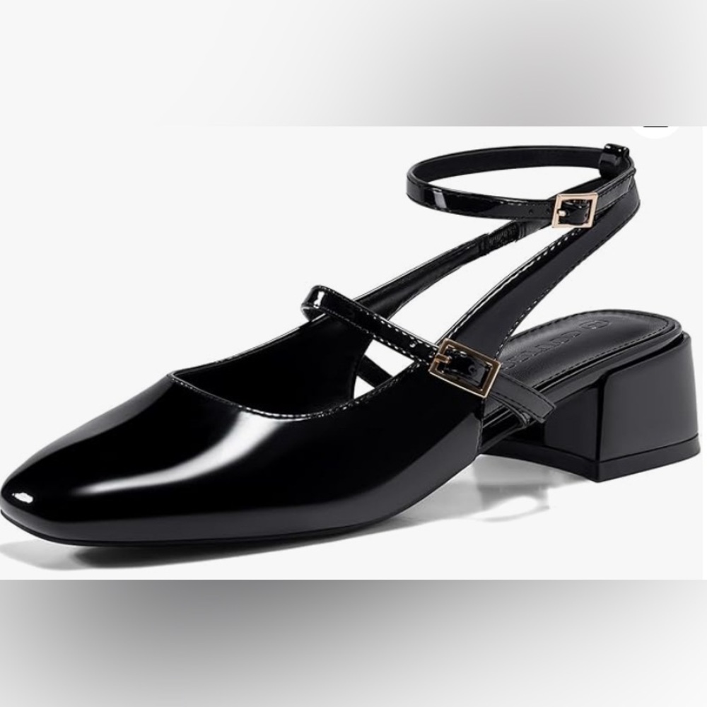 Mary Jane style sling back patent black sandals
